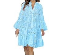 COALHO Women's Embroidery Lace Shirt Dress 2024 Loose Hollow Out Dress Summer Long Sleeve Button Down Short Dresses (sky blue,S)