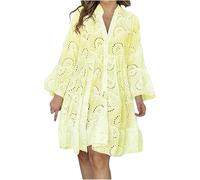 COALHO Women's Embroidery Lace Shirt Dress 2024 Loose Hollow Out Dress Summer Long Sleeve Button Down Short Dresses (yellow,L)