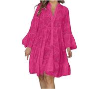 COALHO Women's Embroidery Lace Shirt Dress 2024 Loose Hollow Out Dress Summer Long Sleeve Button Down Short Dresses (rose Red,2XL)