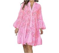 COALHO Women's Embroidery Lace Shirt Dress 2024 Loose Hollow Out Dress Summer Long Sleeve Button Down Short Dresses (Pink,3XL)