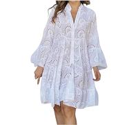 COALHO Women's Embroidery Lace Shirt Dress 2024 Loose Hollow Out Dress Summer Long Sleeve Button Down Short Dresses (White,L)