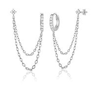 COARVXA 925 Sterling Silver Gold Plated Four Cubic Zirconia Flower Stud Earrings Double Piercing Dangle Chain Huggie Hoop Earrings Four Cubic Zirconia Jewelry Gifts for Women, Sterling Silver, Zircon