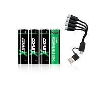 Coast AA USB-C Rechargeable Batteries, ZITHION-X, Lithium-Ion 1.5 V 2400 mAh, Durable, Charges in Max 2.5 Hours, Over 1000 Charging Cycles, Charging Cable Included, Pack of 4