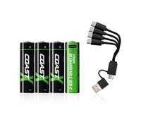 Coast AA USB-C Rechargeable Batteries, ZITHION-X, Lithium Ion 1.5v 2400 mAh, Long Lasting, Charges Under 2 Hours, Over 1000 Charges, Charging Cable Included, 4-Battery Pack