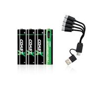 Coast AAA USB-C Batteries, ZITHION-X, Lithium-Ion 1.5 V 750 mAh, Durable, Charges in 1.3 Hours, Charging Cable Included, Pack of 4