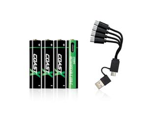 Coast AAA USB-C Batteries, ZITHION-X, Lithium-Ion 1.5 V 750 mAh, Durable, Charges in 1.3 Hours, Charging Cable Included, Pack of 4