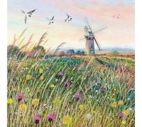 Coast and Country - Windmill and Swallows Blank Greeting Card with Envelope