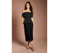 Coast Women's Bardot Peplum Detail Velvet Lace Skirt Midi Dress in Black | Size: 14