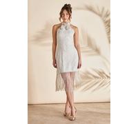 Coast Broderie Embellished Fringe Halter Dress In White white 10