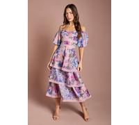 Coast Cold Shoulder Printed Organza Lace Midi Dress In Pink pink 16