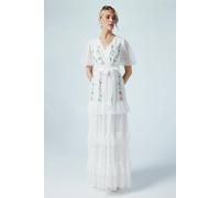 Coast Ditsy Floral Puff Sleeve Embroidered Tiered Mesh Wedding Dress In Ivory ivory 10