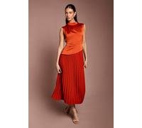 Coast Drape High Neck Pleated Skirt Midi Dress In Rust rust