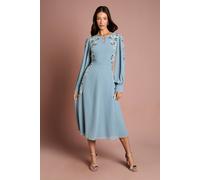 Coast Embroidered And Embellished Long Sleeve Midi Dress In Dusty Blue