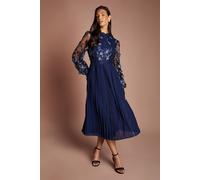 Coast Women's Embroidered Mesh Lace Trim Pleated Skirt Midi Dress in Navy | Size: 10
