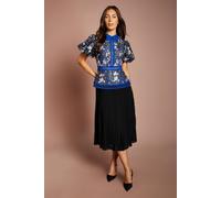 Coast Embroidered Mesh Puff Sleeve Pleat Skirt Midi Dress In Black black