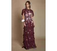 Coast Embroidered Trailing Floral Cape Detail Tiered Bridesmaid Dress In Malbec malbec
