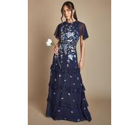 Coast Embroidered Trailing Floral Cape Detail Tiered Bridesmaid Dress In Navy navy