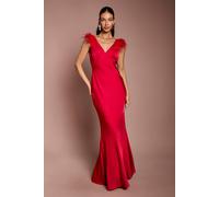 Coast Women's Feather Shoulder Detail V Neck Satin Maxi Dress in Red | Size: 18