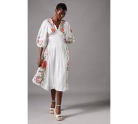 Coast Floral Neckline Embroidered Puff Sleeve Midi Dress In White white 12