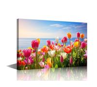 Coast Flower Canvas Wall Art Natural Beauty of the Sea Wall Art for Living Room Colorful Tulips Pictures for Bedroom Modern Home Decor Office Decorations Artwork Framed Ready to Hang 12"Wx18"H