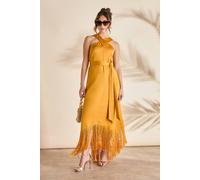 Coast Fringe Asymmetric Hem Cross Neck Midi Dress In Mustard mustard 10