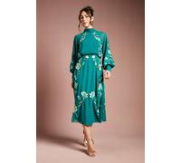 Coast High Neck Long Sleeve Floral Embroidered Midi Dress In Teal teal