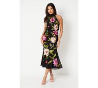 Coast High Neck Midi Dress With Floral Embroidery In Black black