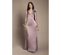 Coast Honoured Petite Satin Back Crepe V Neck Tie Shoulder Maxi Bridesmaid Dress In Dusty Mauve dusty mauve 16