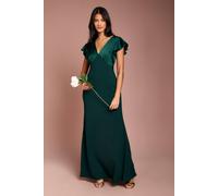 Coast Honoured Petite V Neck Angel Short Sleeve Satin Maxi Bridesmaid Dress In Emerald emerald