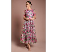 Coast Lace Trim Detail Embroidered Mesh Midi Dress In Pink pink
