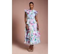 Coast Lace Trim Tiered Organza Midi Dress In Pale Blue pale blue