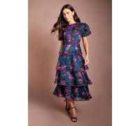 Coast Women's Lace Trim Tiered Puff Sleeve Printed Midi Dress in Blue | Size: 12 Coast Blue 12