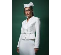Lisa Tan Boucle Sequin Fitted Jacket With Belt Coast White 12
