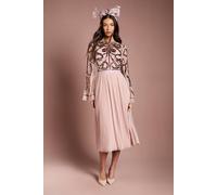 Coast Women's Lisa Tan Bow Embellished Long Sleeve Midi Dress in Antique Rose | Size: 14 Coast Antique Rose 14