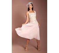 Coast Women's Lisa Tan Embroidered Mesh Pleated Skirt Midi Dress in Blush | Size: 12