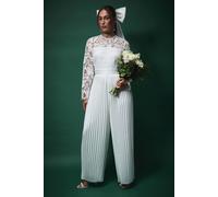 Coast Lisa Tan Lace Top Jumpsuit With Pleated Wide Leg Trouser In Oyster