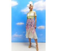 Coast Lisa Tan Lace Top Pleat Skirt Printed Midi Dress In Ivory ivory 8
