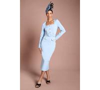 Coast Lisa Tan Long Sleeve Square Neck Belted Bandage Pencil Dress In Blue blue
