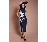 Coast Lisa Tan Placement Floral High Neck Midi Dress In Navy navy