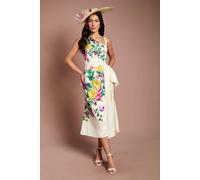 Coast Women's Lisa Tan Placement Print Satin Floral Bow Detail Midi Dress in Lemon | Size: 10