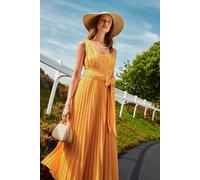 Coast Lisa Tan Polo Pleated Cotton Belted Midi Dress In Yellow yellow 10