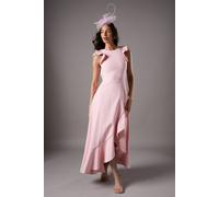 Coast Lisa Tan Ruffle Round Neck Crepe Midi Dress In Blush blush 14