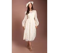 Coast Lisa Tan Sleeve Embroidered Organza Midi Dress, 14, Ivory