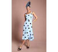 Coast Lisa Tan Spot Print Pleat Full Skirted Detail Midi Dress In Blue blue