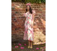 Coast Lisa Tan Stripe Printed Ruffle Hem Midi Dress In Pink pink 10