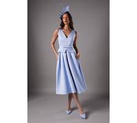 Coast Lisa Tan Structured Satin Pleated Peplum Midi Dress In Blue blue 10