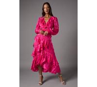 Coast Long Sleeve Jacquard Midaxi Dress With Frills In Pink pink 16