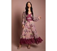 Coast Long Sleeve Pleated Lace Trim Midaxi Dress In Pink pink