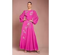 Coast Long Sleeve Wrap Waist Embellished Floral Maxi Dress In Hot Pink hot pink