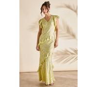 Coast Metallic Jacquard Frill Midi Dress In Yellow yellow 12